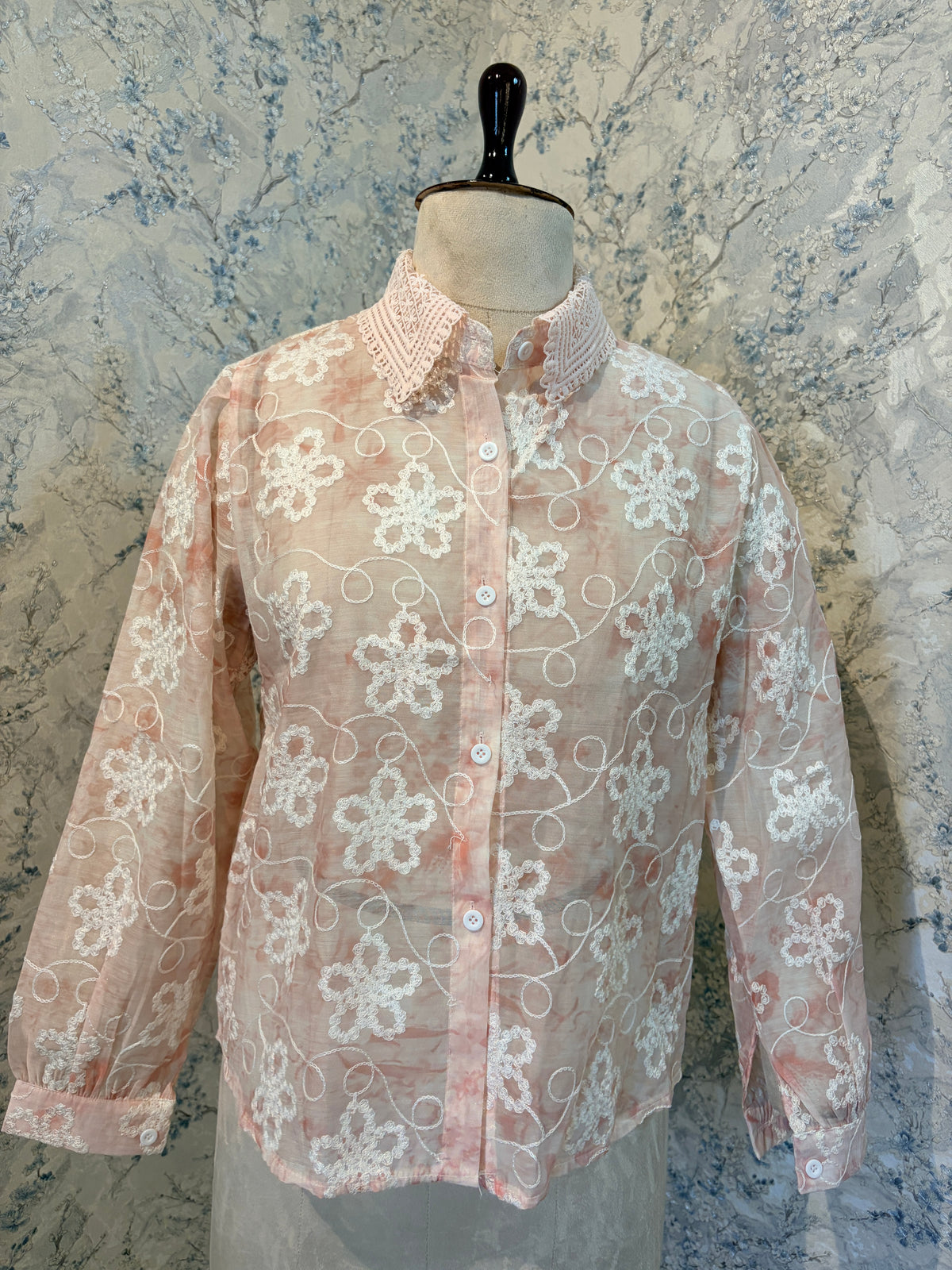 Floral Embroidered Sheer Organza Button-Down Shirt with Lace Collar