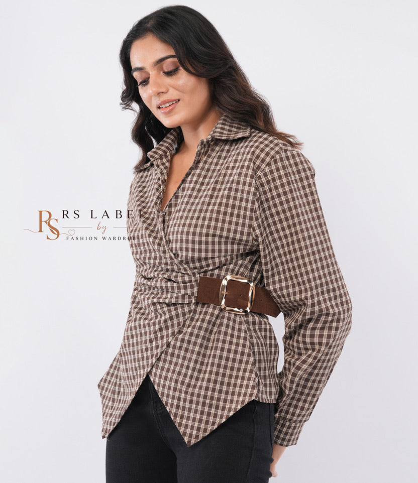Plaid Check Wrap-Front Belted Shirt with Suede Buckle