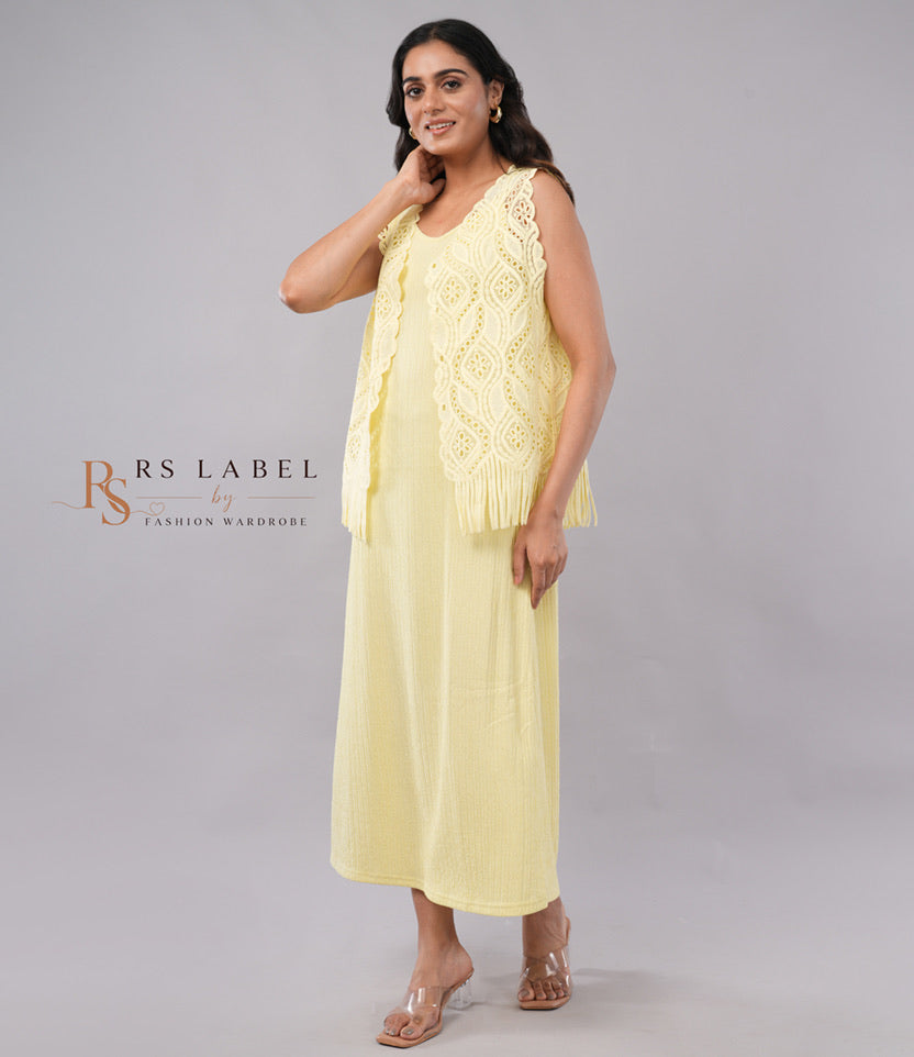 Pastel Lemon Yellow Sleeveless Midi Dress with Crochet Lace Shrug