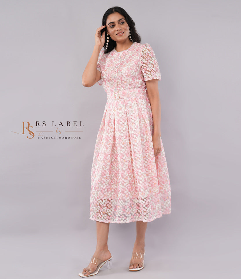 Blush Pink Floral Lace Pleated Midi Dress with Crystal Buckle Belt