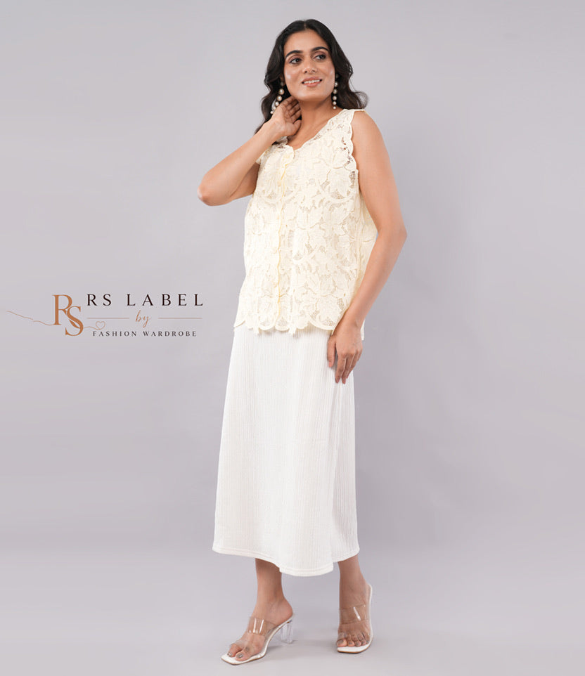 Ivory White Sleeveless Midi Dress with Floral Crochet Lace Vest