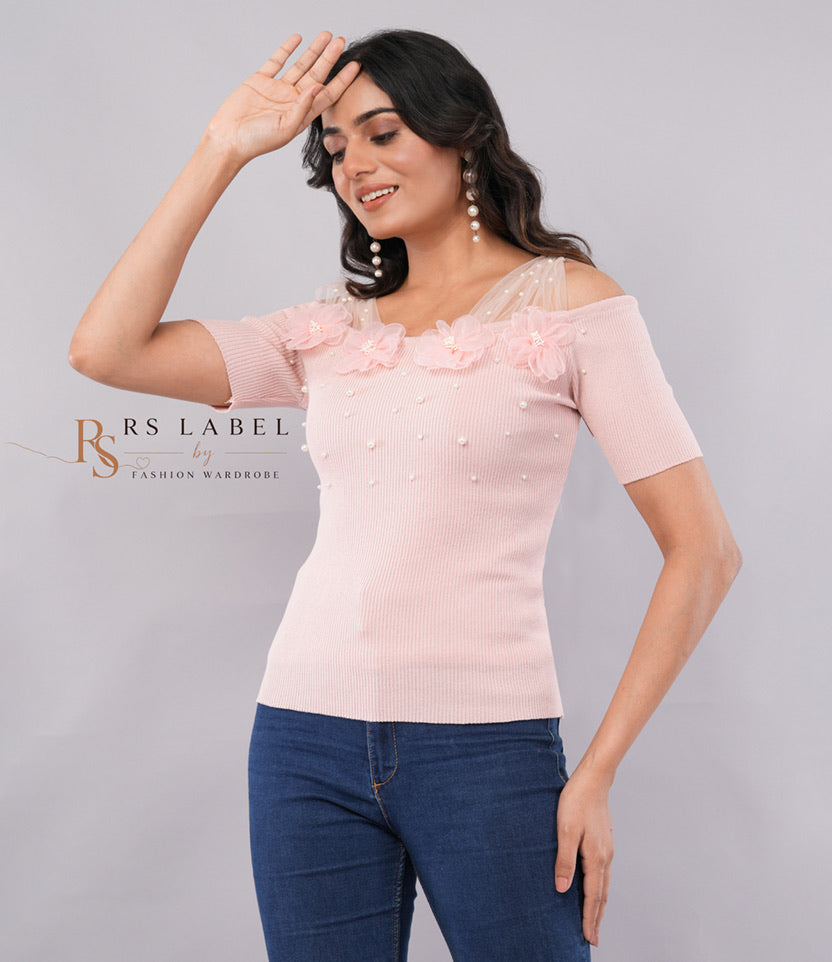 Pearl & 3D Floral Embellished Cold-Shoulder Ribbed Knit Top