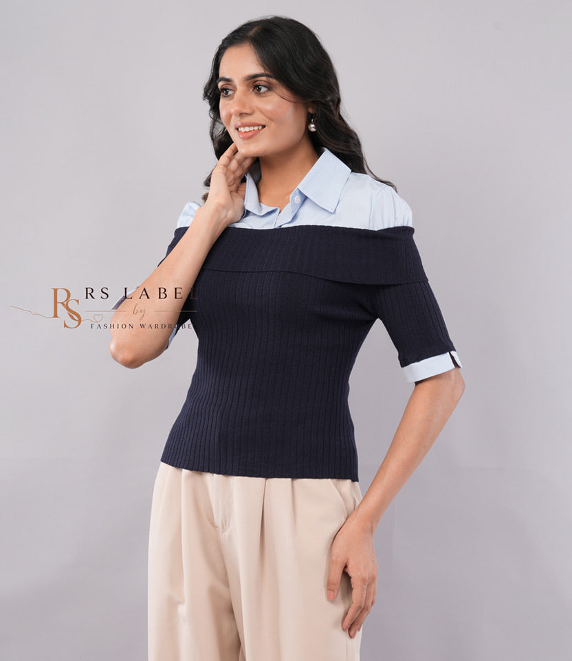 Layered Look Light Blue Shirt Collar & Navy Off-Shoulder Ribbed Knit Top