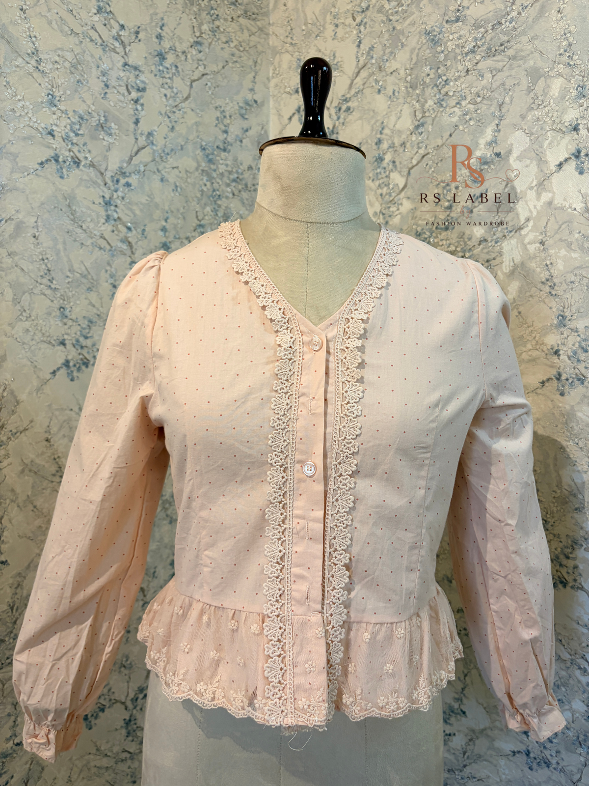 Polka Dot Lace-Trim Peplum Button-Down Top