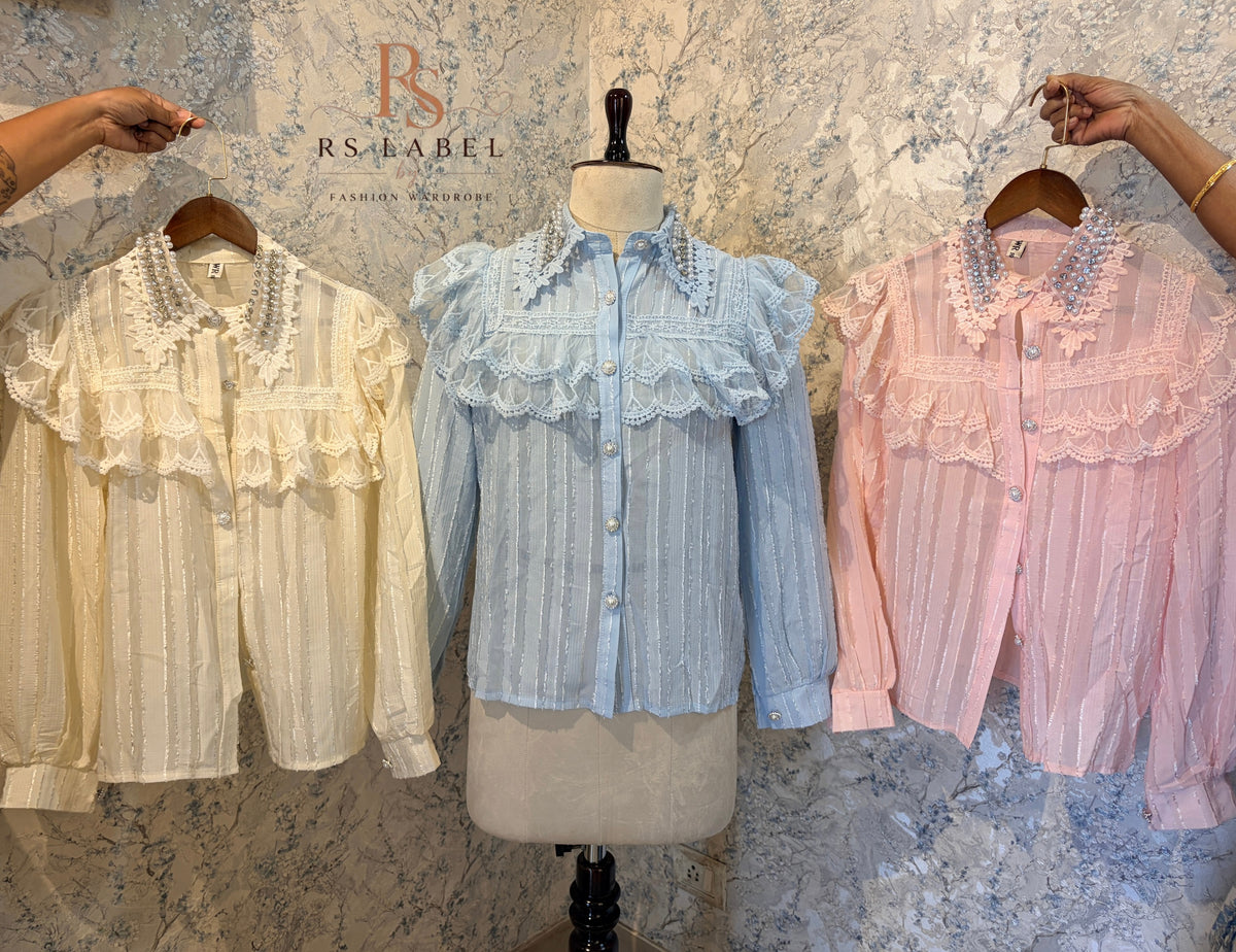 Pearl-Beaded Collar Ruffled Lace Button-Down Shirt