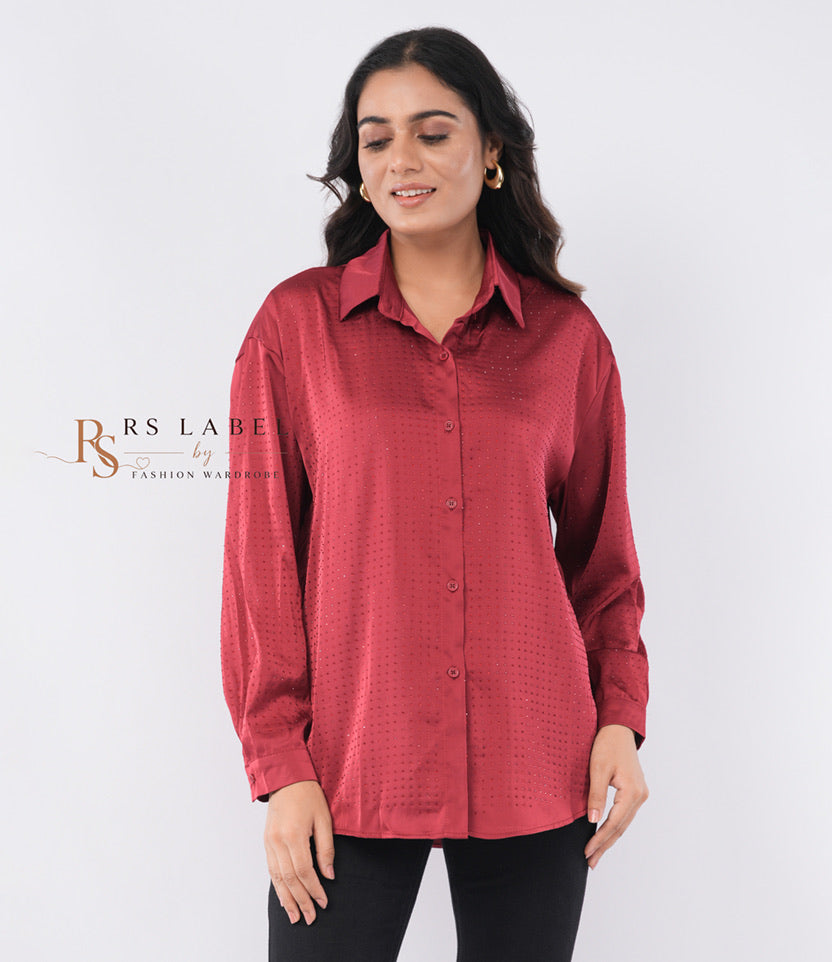 Shimmer Dot Satin Button-Down Shirt