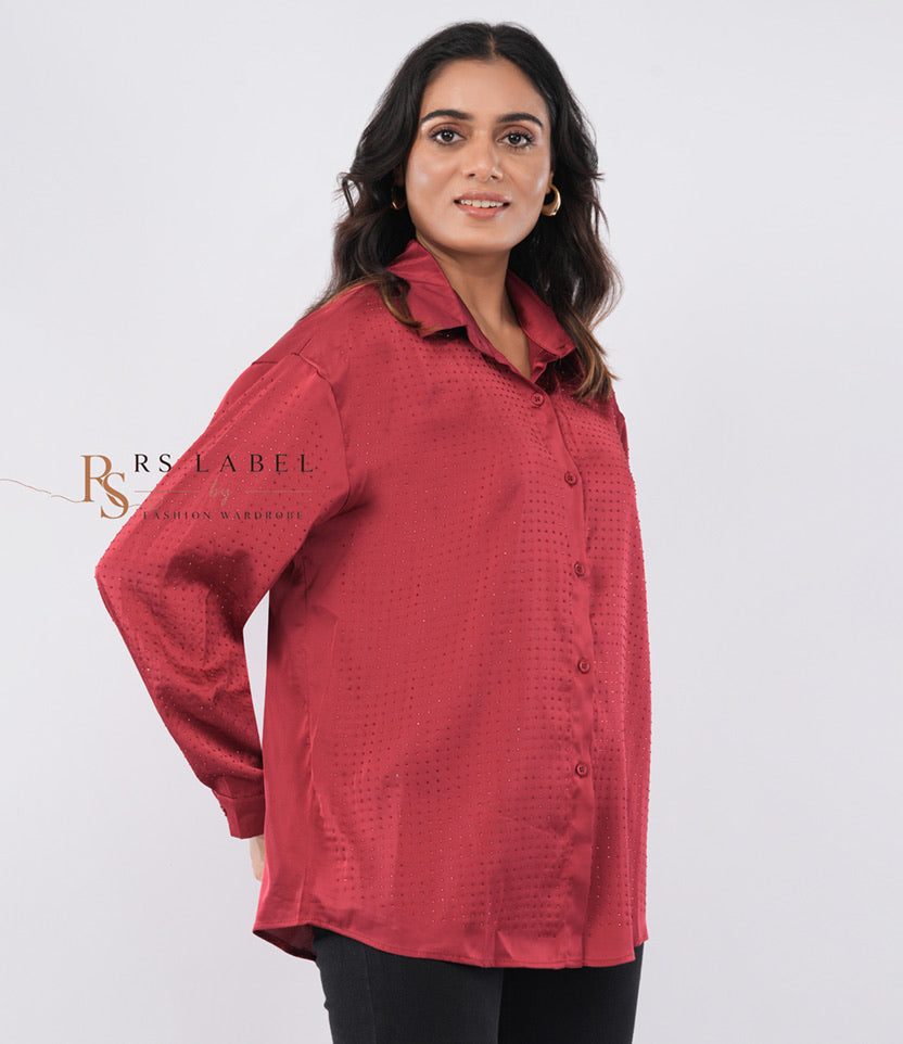 Shimmer Dot Satin Button-Down Shirt