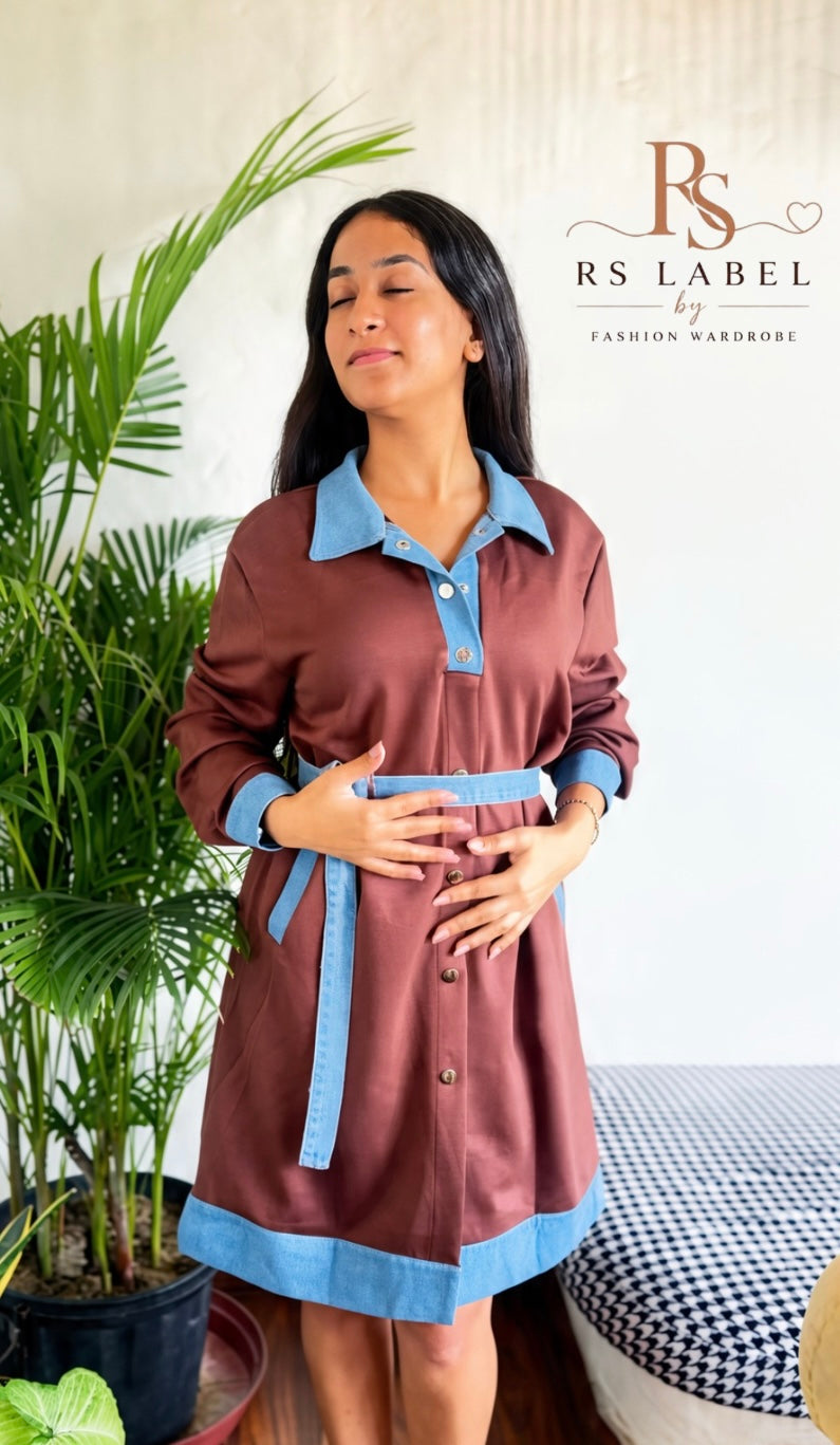 Colorblock Shirt Dress with Belt
