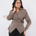 Plaid Check Wrap-Front Belted Shirt with Suede Buckle