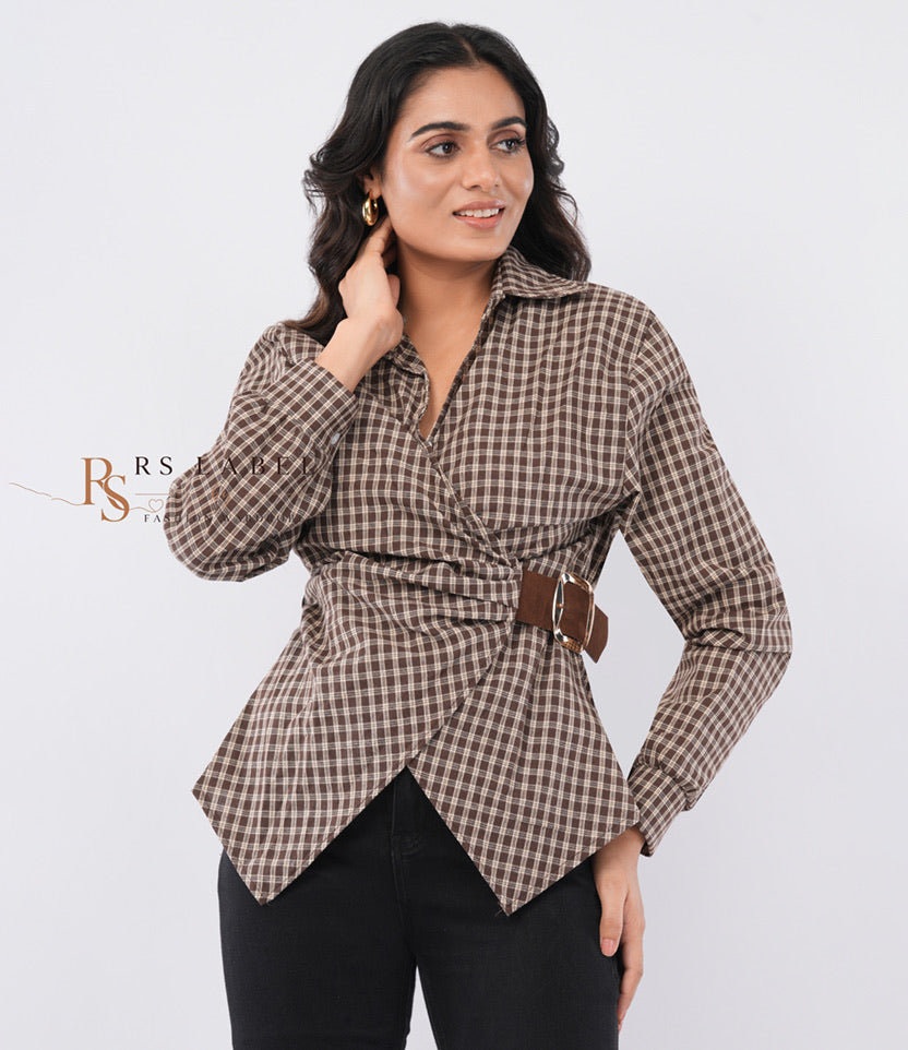 Plaid Check Wrap-Front Belted Shirt with Suede Buckle