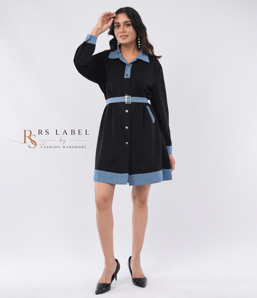 Colorblock Shirt Dress with Belt