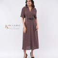 Brown Polka Dot Collared Midi Dress with Belt