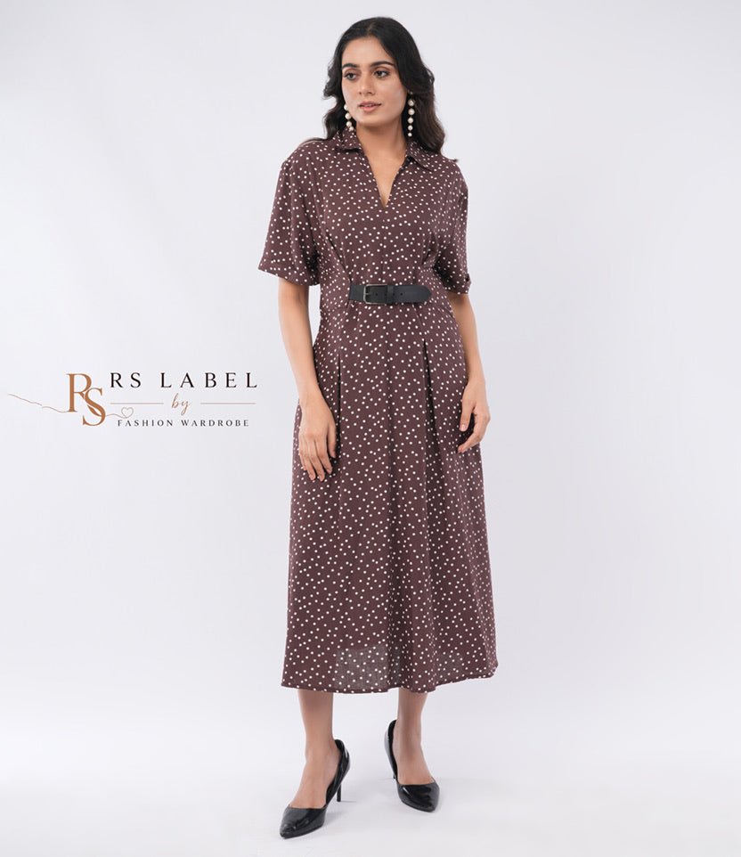 Brown Polka Dot Collared Midi Dress with Belt