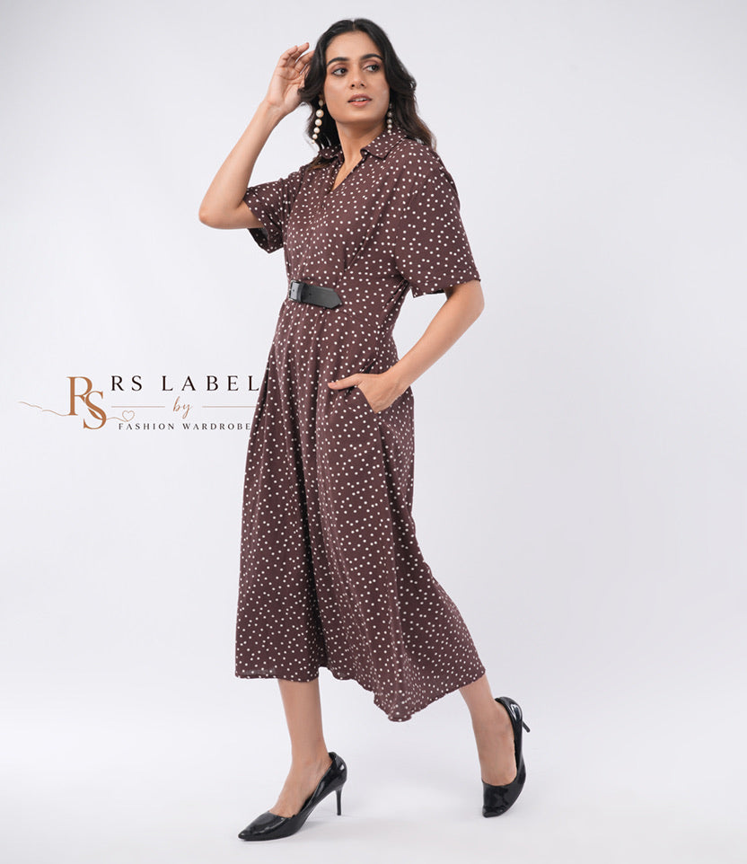 Brown Polka Dot Collared Midi Dress with Belt