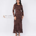 Brown Floral Embroidered Mesh Maxi Dress