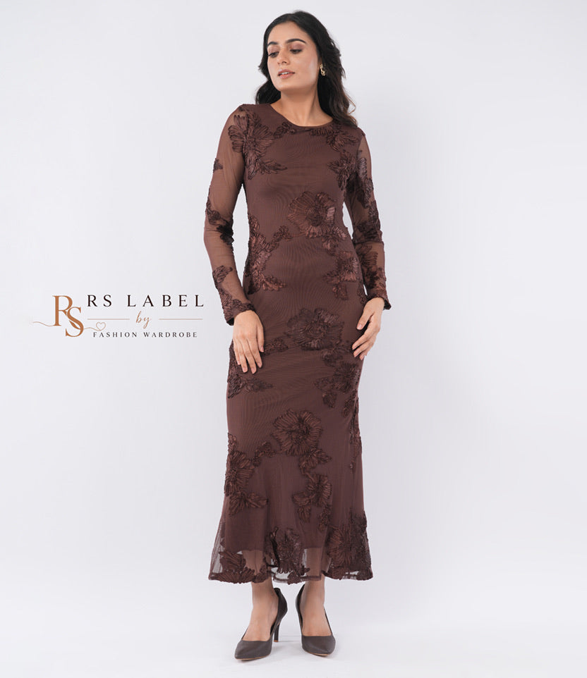 Brown Floral Embroidered Mesh Maxi Dress