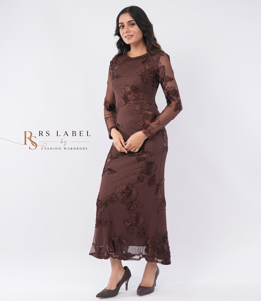 Brown Floral Embroidered Mesh Maxi Dress
