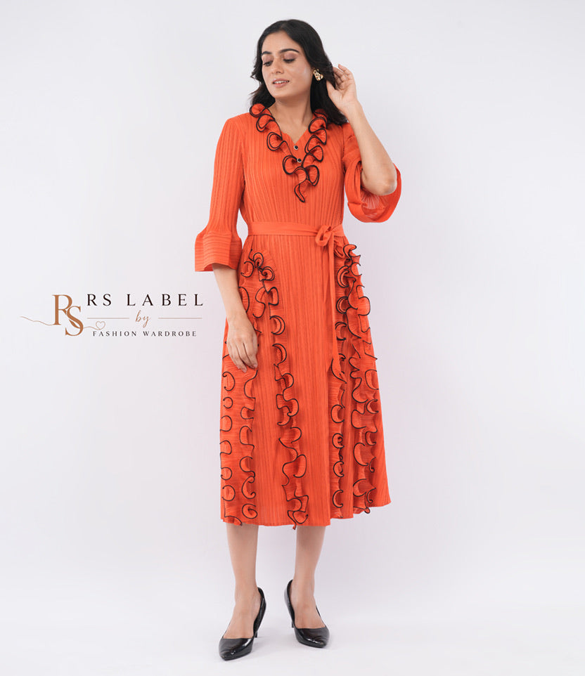 Pleated Ruffle Trim Midi Dress