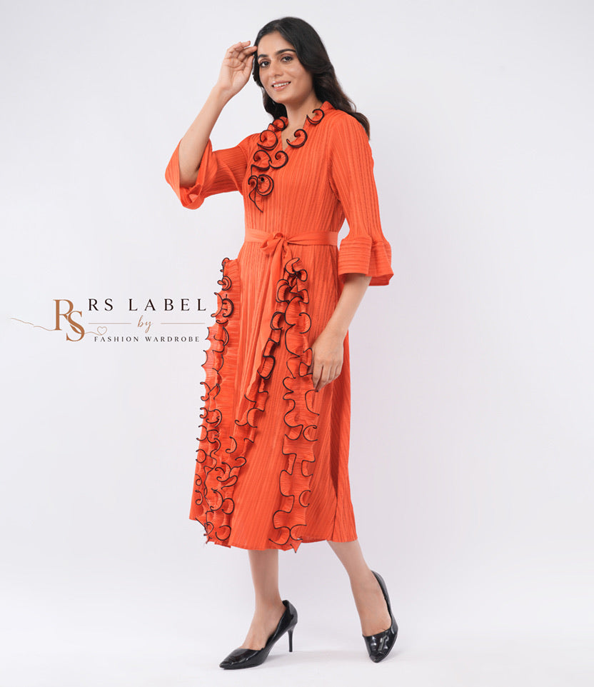 Pleated Ruffle Trim Midi Dress
