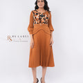 Pleated Abstract Print Midi Dress with Buckle Belt