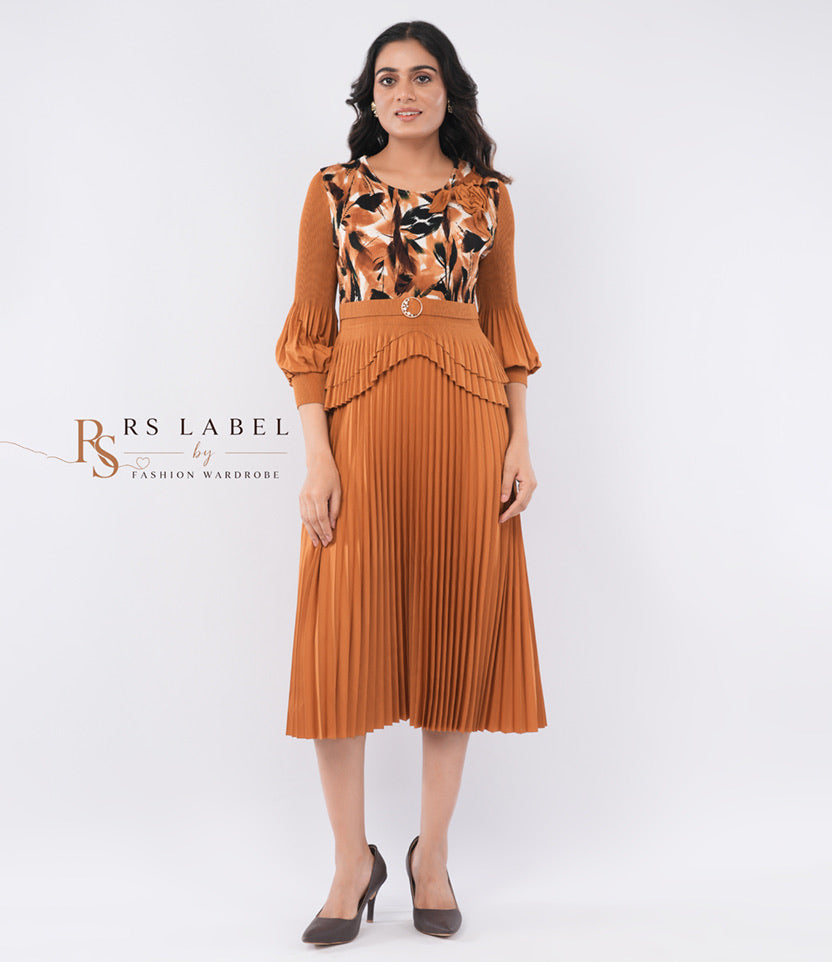 Pleated Abstract Print Midi Dress with Buckle Belt