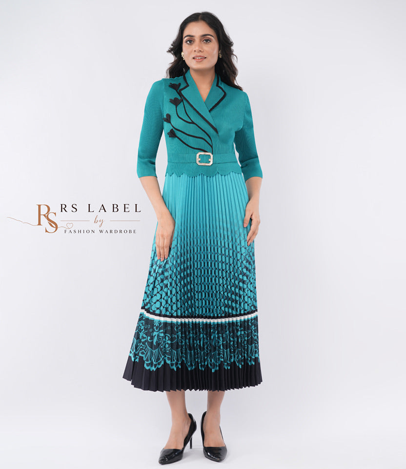 Printed Pleated Midi Dress with Belt