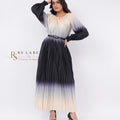 Black & Cream Ombre Pleated Maxi Dress with Geometric Belt