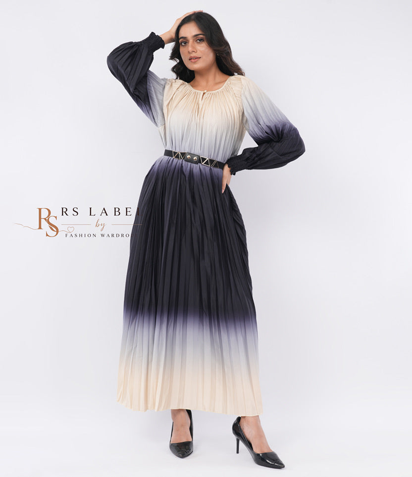 Black & Cream Ombre Pleated Maxi Dress with Geometric Belt