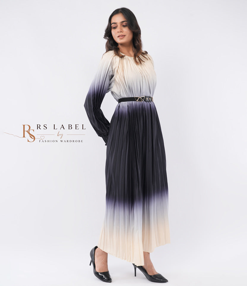Black & Cream Ombre Pleated Maxi Dress with Geometric Belt