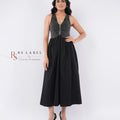 Charcoal Washed Denim & Black Flared Midi Dress with Front Zipper