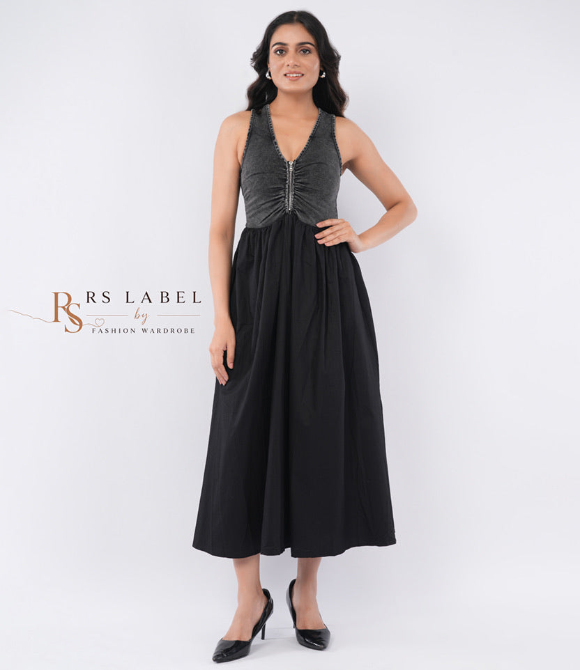 Charcoal Washed Denim & Black Flared Midi Dress with Front Zipper