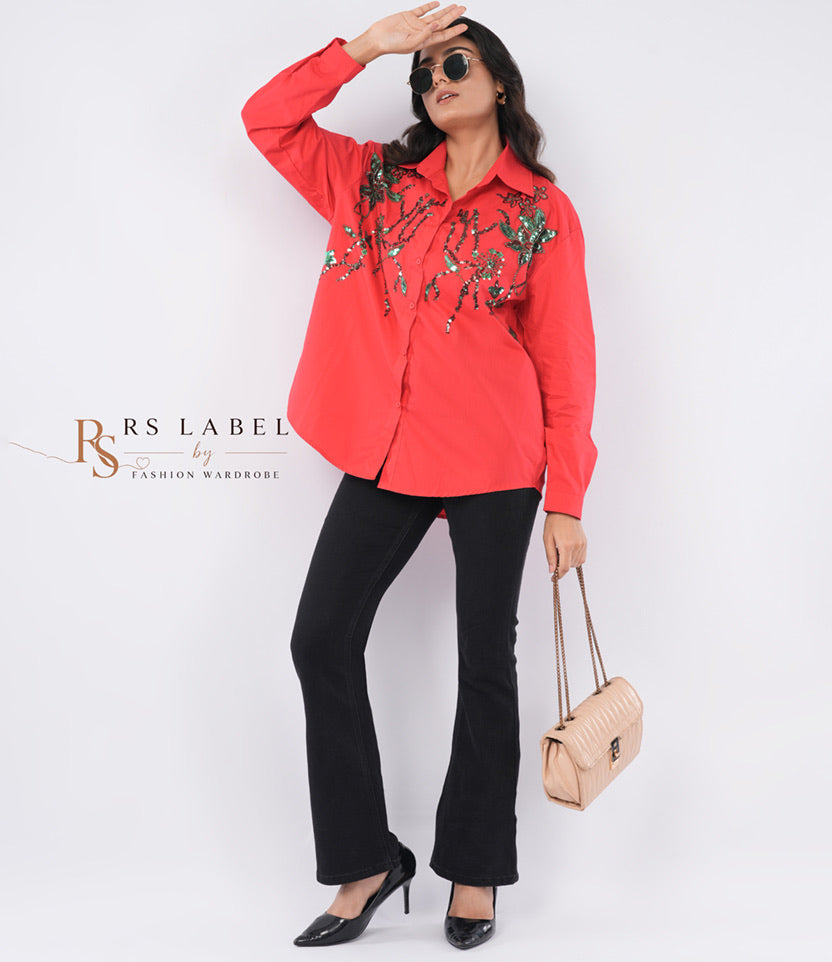 Sequin Embroidered Button-Down Shirt