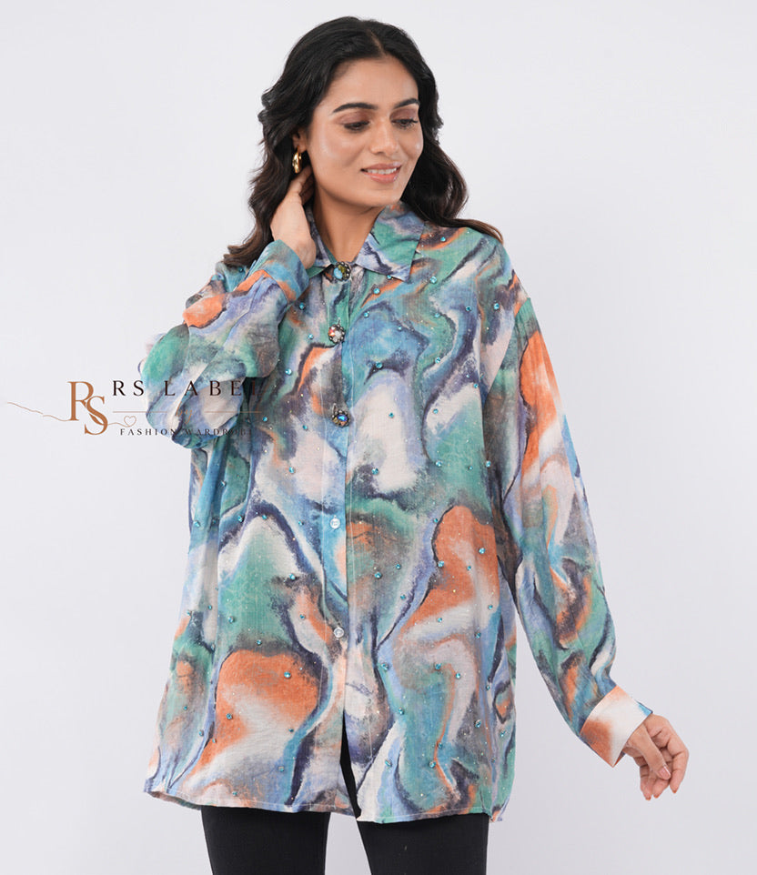 Multicolor Watercolor Marble Print Embellished Button-Down Shirt