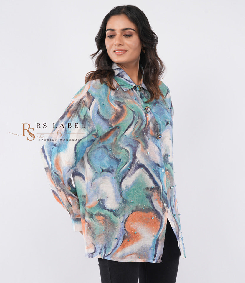 Multicolor Watercolor Marble Print Embellished Button-Down Shirt
