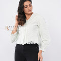Polka Dot Lace-Trim Peplum Button-Down Top