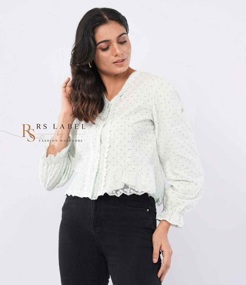 Polka Dot Lace-Trim Peplum Button-Down Top