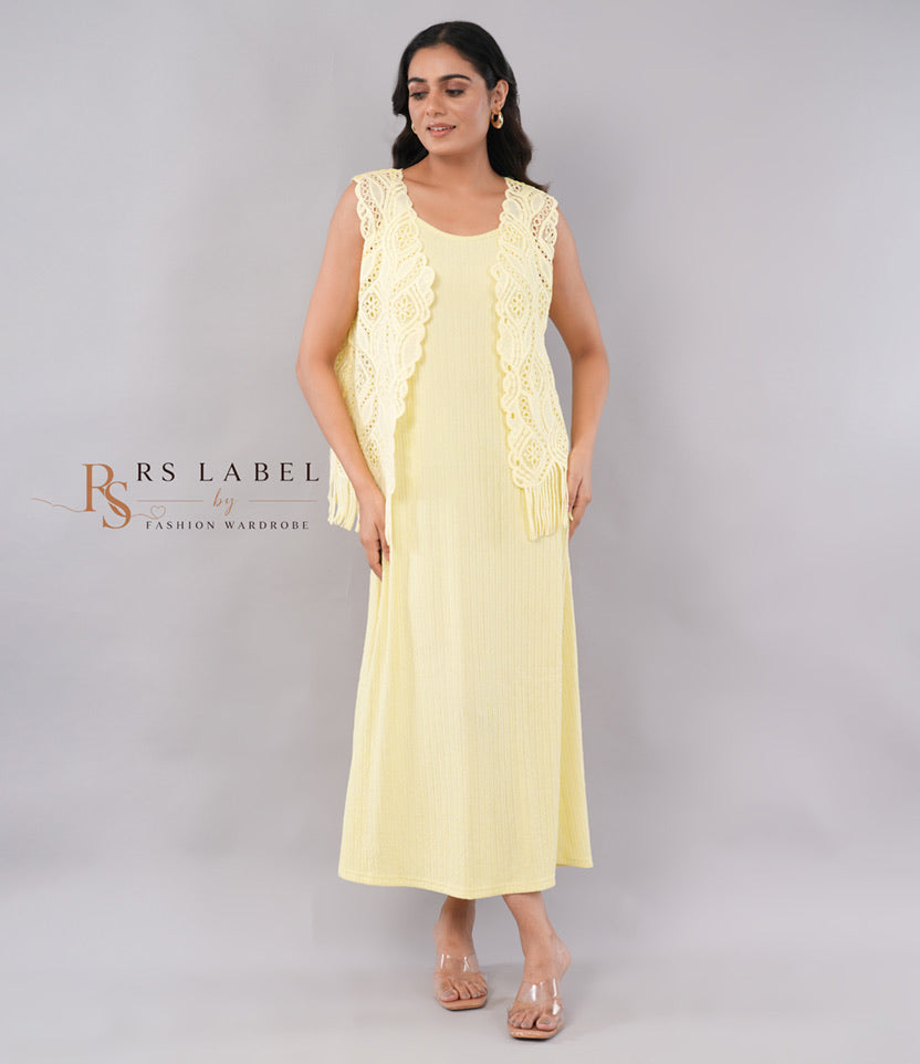 Pastel Lemon Yellow Sleeveless Midi Dress with Crochet Lace Shrug