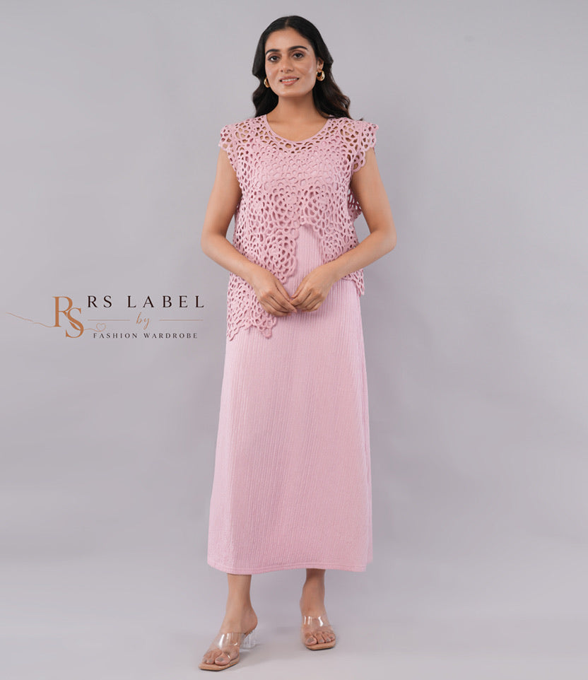 Dusty Pink Sleeveless Midi Dress with Cutwork Crochet Lace Shrug