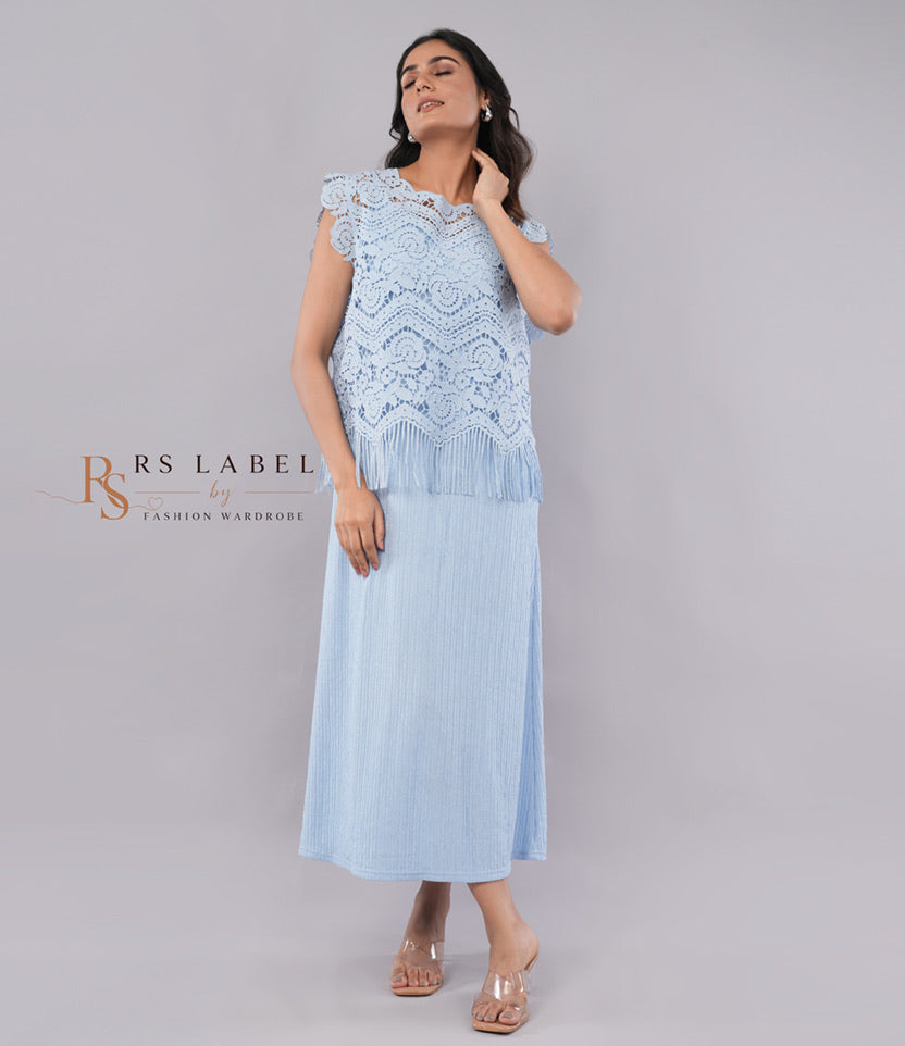 Powder Blue Sleeveless Midi Dress with Fringe Lace Overlay