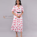 White & Pink Heart Print Eyelet Midi Shirt Dress with Belt