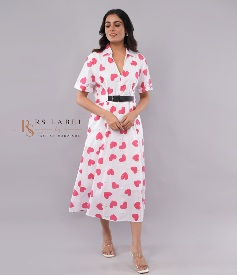 White & Pink Heart Print Eyelet Midi Shirt Dress with Belt