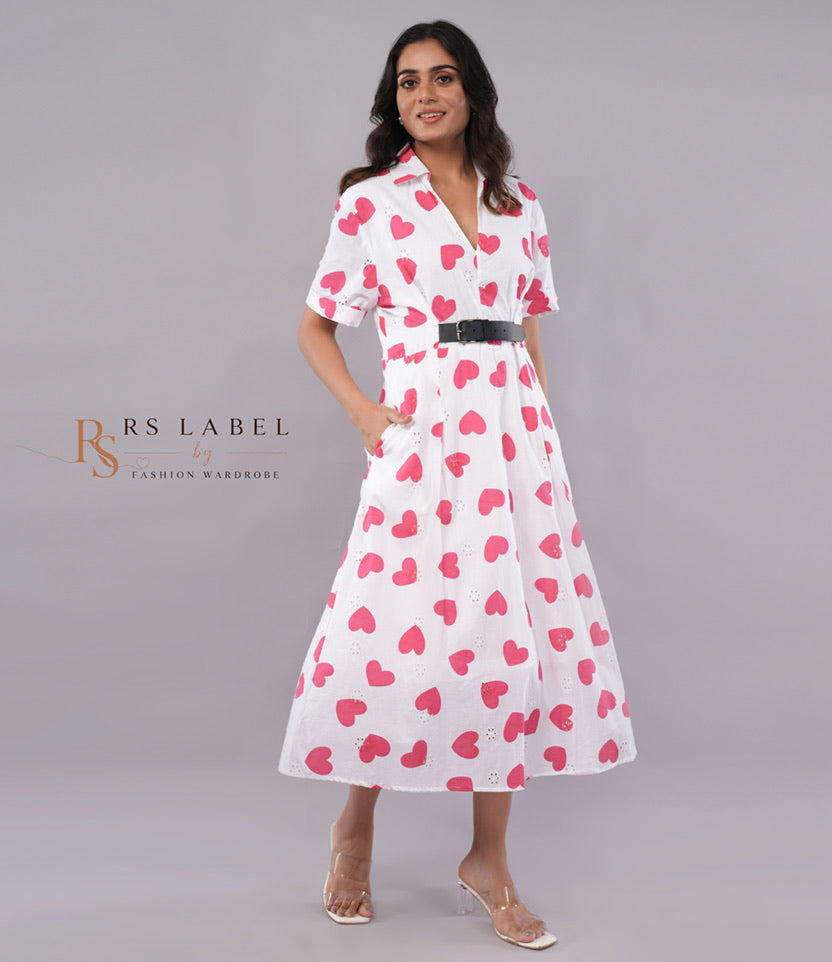 White & Pink Heart Print Eyelet Midi Shirt Dress with Belt