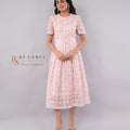 Blush Pink Floral Lace Pleated Midi Dress with Crystal Buckle Belt