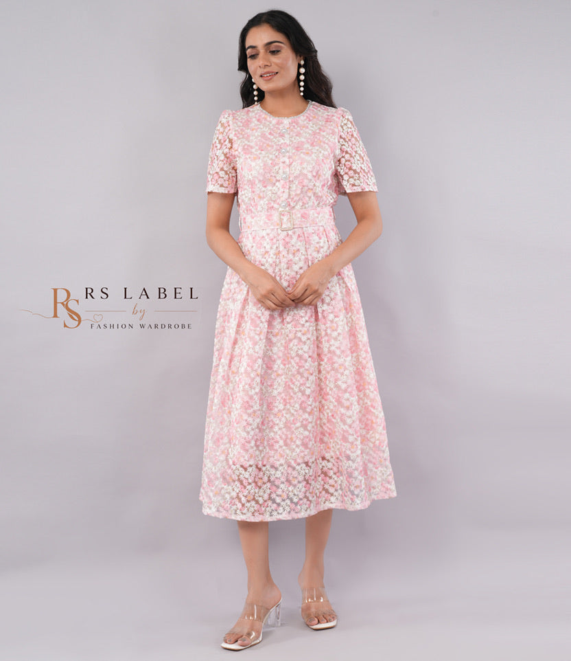 Blush Pink Floral Lace Pleated Midi Dress with Crystal Buckle Belt