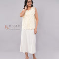 Ivory White Sleeveless Midi Dress with Floral Crochet Lace Vest