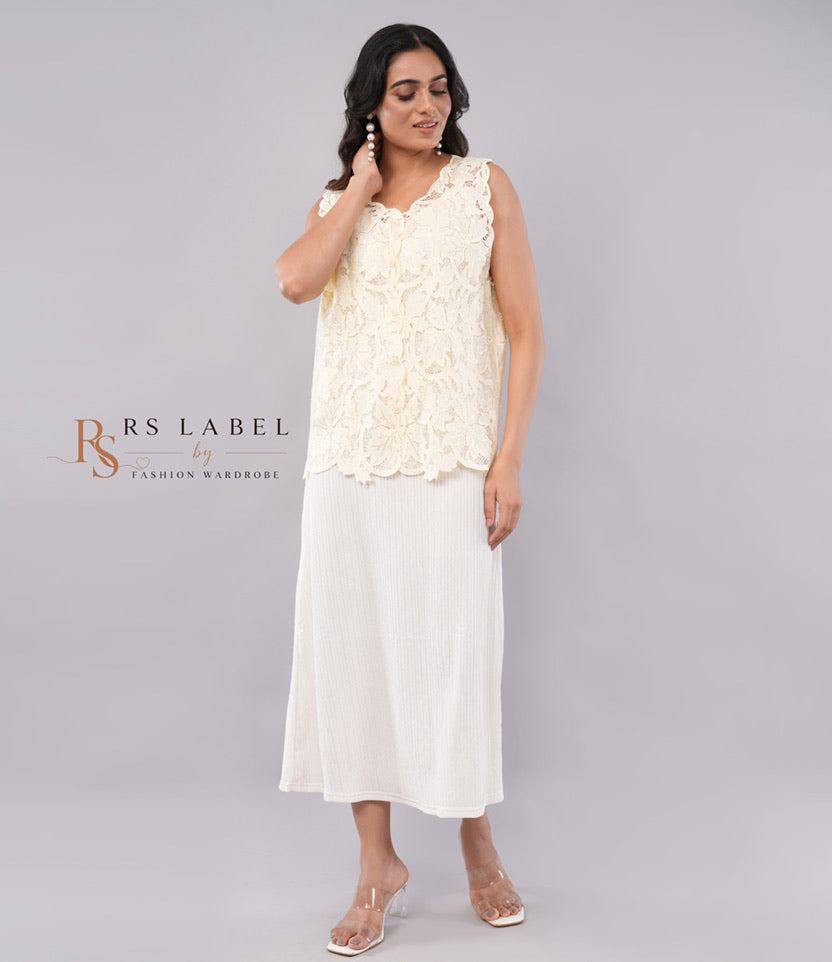 Ivory White Sleeveless Midi Dress with Floral Crochet Lace Vest