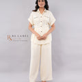 Cream Crystal Embellished Safari Shirt & Wide-Leg Pants Co-ord Set