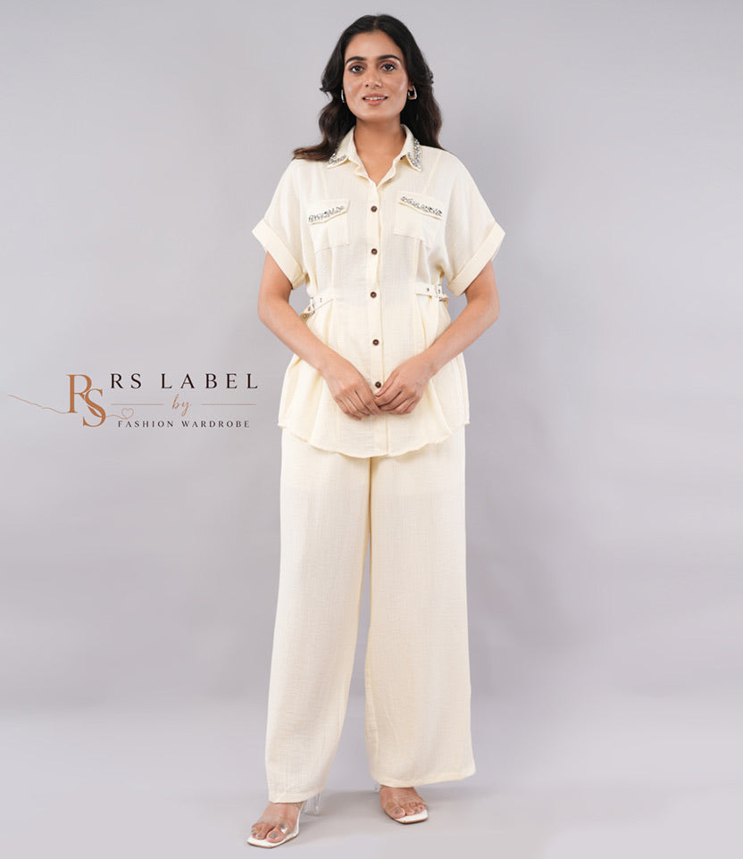 Cream Crystal Embellished Safari Shirt & Wide-Leg Pants Co-ord Set