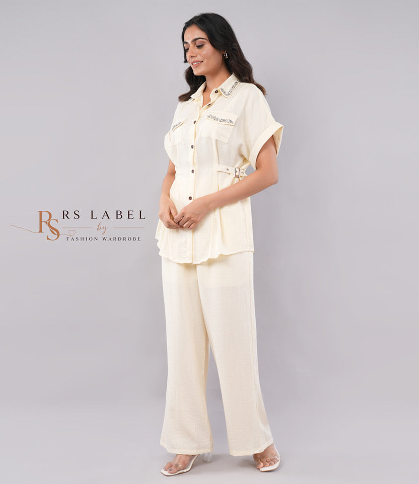 Cream Crystal Embellished Safari Shirt & Wide-Leg Pants Co-ord Set