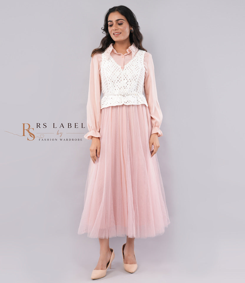 Tulle Midi Shirt Dress with White Crochet Knit Vest